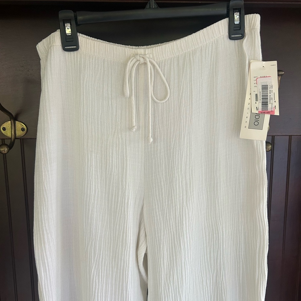 NWT VTG 90s Deadstock Ivory Crinkle Breezy Wide Leg Pull On Pants Resort Beach M - Picture 5 of 13